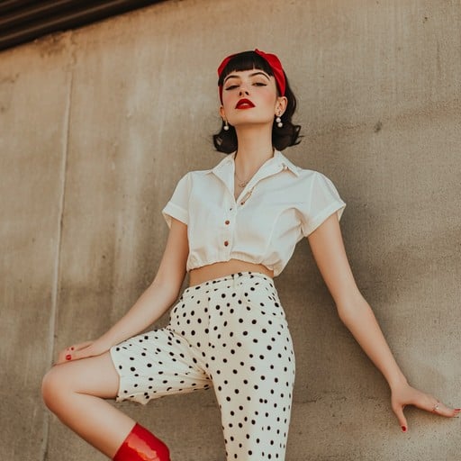 Vintage Flair: High-Waisted White Pants with Polka Dot Top
