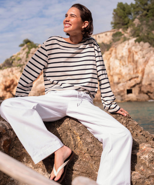 Coastal Cool: White Pants with Striped Breton Shirt