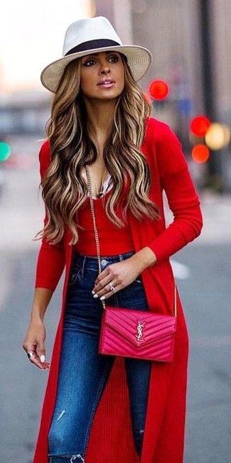 Pop of Color: Bright Red Cardigan with Classic Blue Jeans