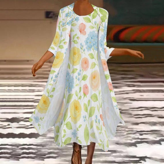 Vintage Flair: Floral Dress and Lightweight Long Cardigan