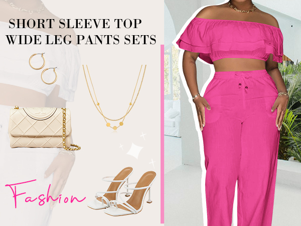 Off-the-Shoulder Ruffled Tops with Wide-Leg Pants