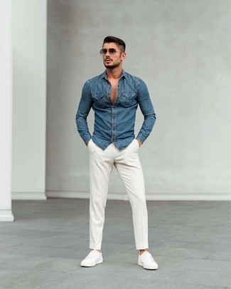 Relaxed Weekend Look: White Chinos with Denim Shirt