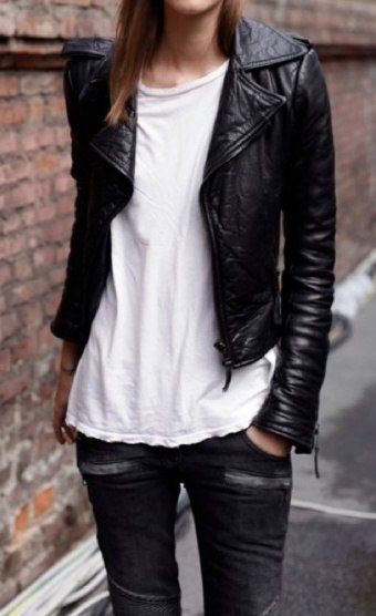 Edgy Contrast: White Pants with Black Leather Jacket