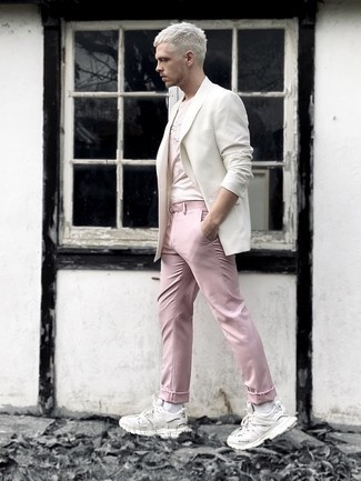 All White with a Pop of Pink Pants and White Blazer