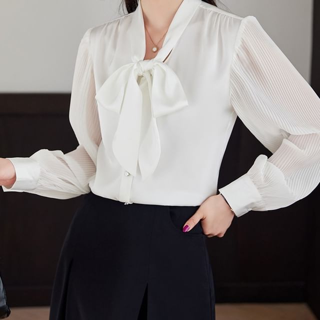 Bow-Tied Neck Blouse with A-Line Midi Skirt
