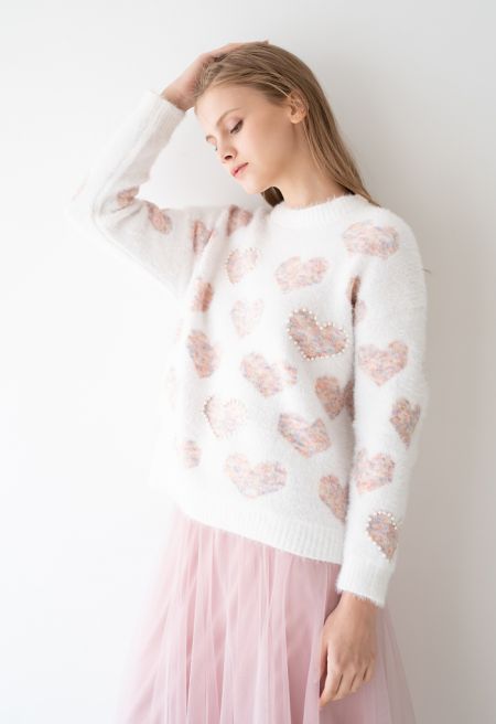 Soft Knit Sweater with Heart Embroidery and Tulle Skirt