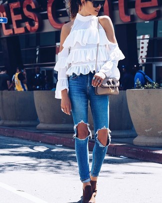 Romantic Ruffled Off-Shoulder Top with Skinny Jeans