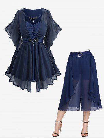 Chiffon Ruffle Blouse Paired with Culottes