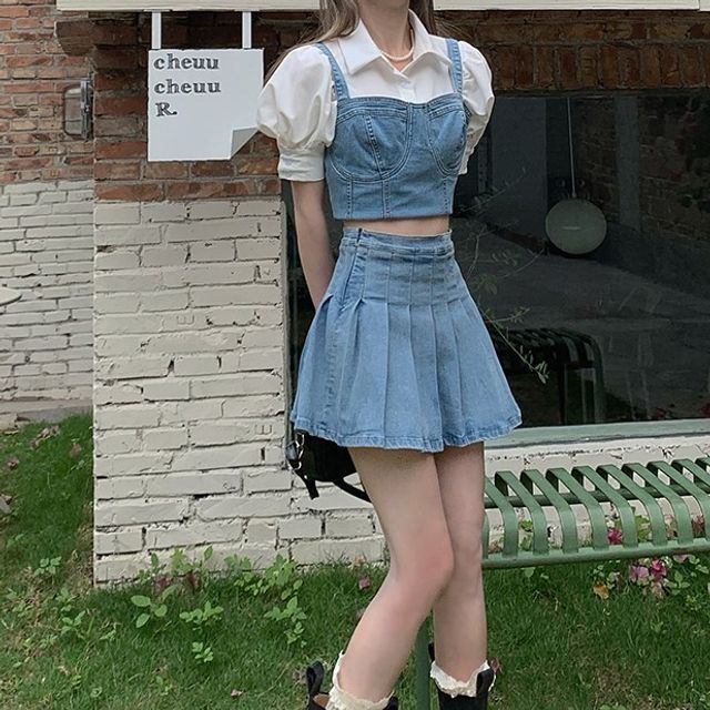 Sweet Ruffle Trim Tank Top with Denim Skirt