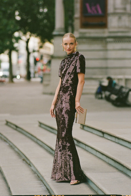 Glam Night Out: Sequined Maxi with Statement Clutch