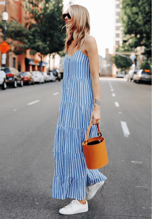 Casual Comfort: Striped Maxi Dress with White Sneakers
