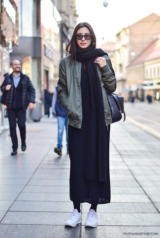 Sporty Luxe: Maxi Dress with Bomber Jacket and Trainers