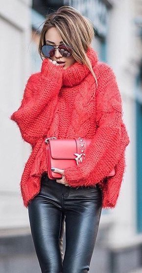 Chunky Knit Sweater Meets Leather Leggings