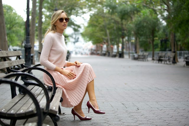 Soft Pastel Sweater Paired with Pleated Midi Skirt