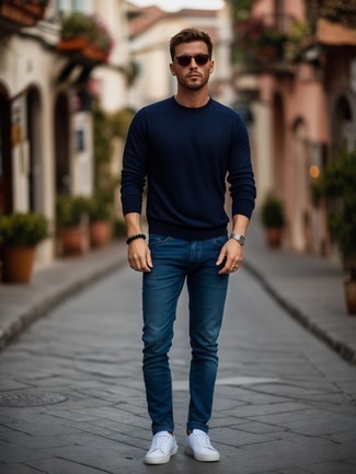 Crisp White Sweater and Classic Blue Denim Combo
