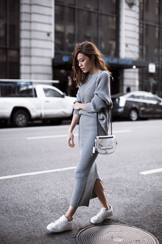 Cable Knit Sweater and Leather Midi Skirt Combo