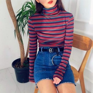 Bright Colored Sweater with Denim Skirt Contrast