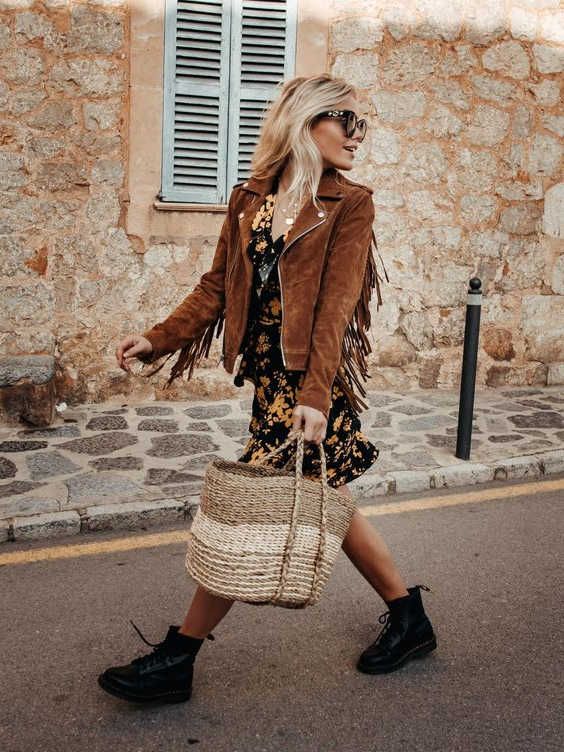 Boho Rebel: Fringe Jacket Paired with Suede Biker Boots