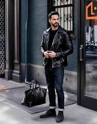 Edgy Black Denim Paired with a Leather-textured Blazer