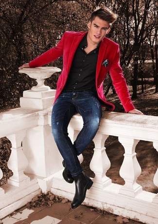 Bold Red Blazer with Dark Ripped Jeans for Statement Style