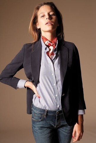 Striped Shirt, Light Denim, and Classic Black Blazer Combo