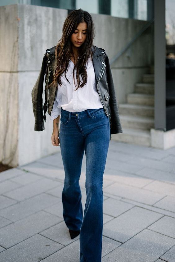 Edgy Leather Jacket Meets Flared Denim Elegance