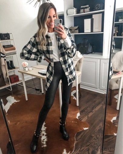 Effortless Edge: Leather Leggings Paired with a Bold Oversized Plaid Shirt