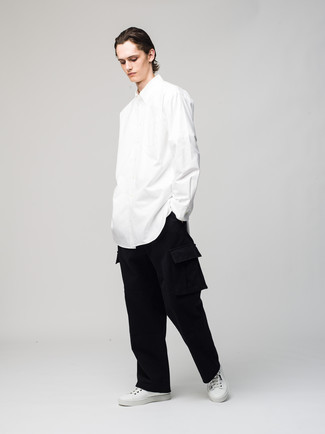 Chic Contrast with White Blouse and Black Cargo Pants