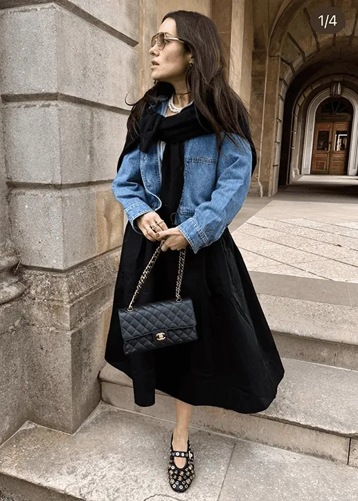 Flowy Midi Dress Paired with Ballet Flats