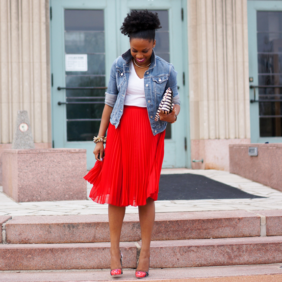 Denim Jacket Styled with a Floral Midi Skirt