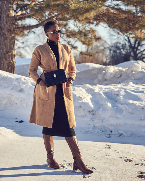 Cozy Turtleneck Dresses with Tall Brown Boots