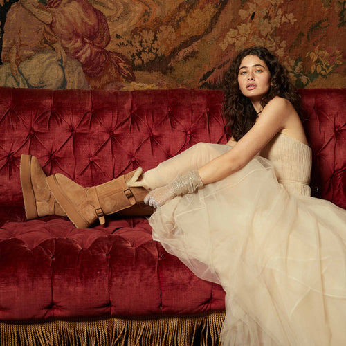 Boho Vibes in a Flowing Maxi Dress Paired with Short Uggs