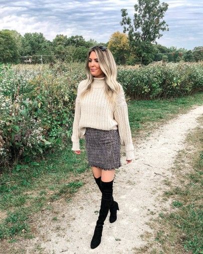 Chunky Knit Sweater Paired with Plaid Mini Skirt