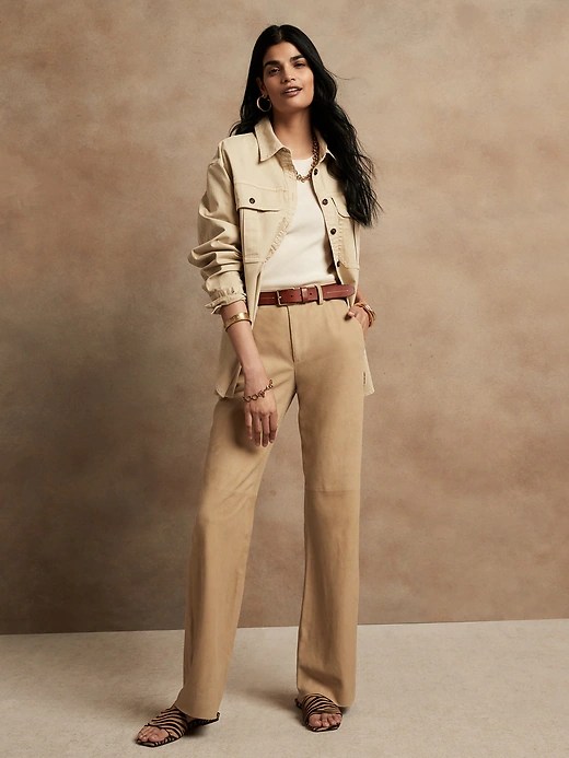 Pop of Color: Bright Red Blouse with Slim Khakis