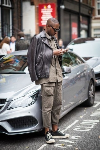 Urban Edge: Leather Jacket Over Khaki Cargo Pants