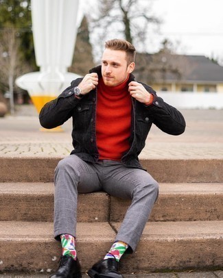 Bold Contrast: Pairing a Bright Red Turtleneck with Dark Denim