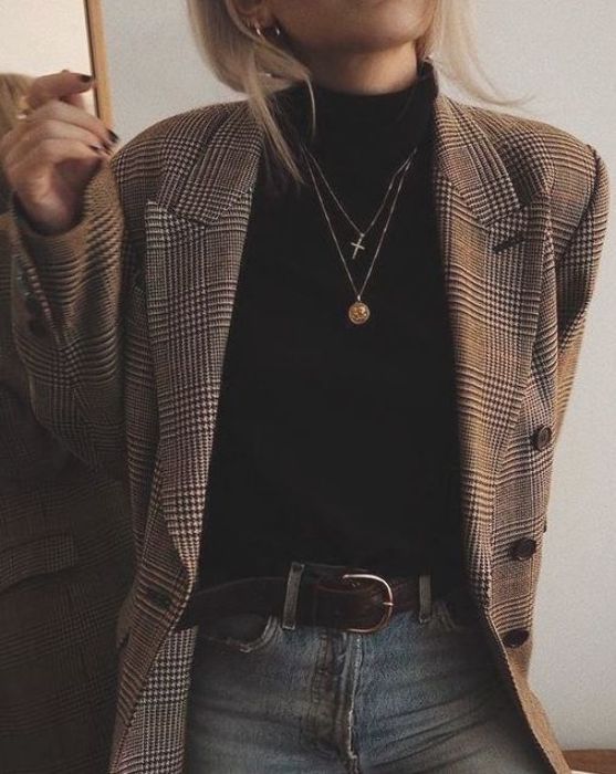 Vintage Vibes: Turtleneck Layered Under a Plaid Blazer