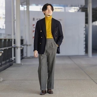 Bold and Bright: Mustard Turtleneck with Navy Trousers