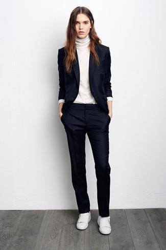 Polished Office Look with White Turtleneck and Tailored Pants