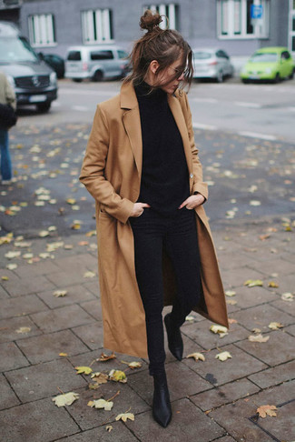 Classic Camel Coat with Skinny Jeans and Ankle Boots