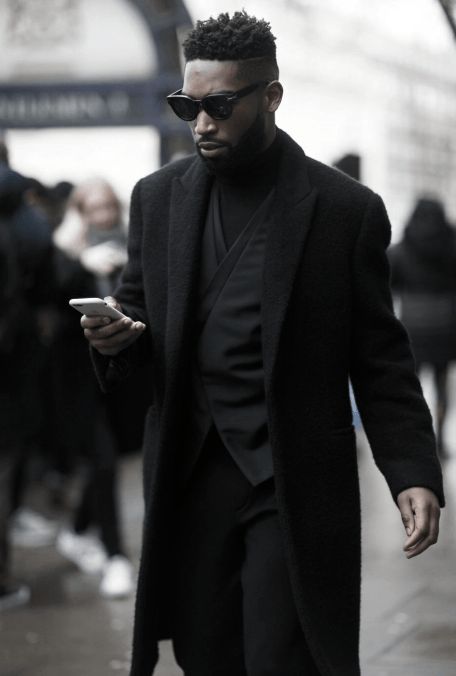 Sleek Black Coat Layered on a Monochrome All-Black Ensemble