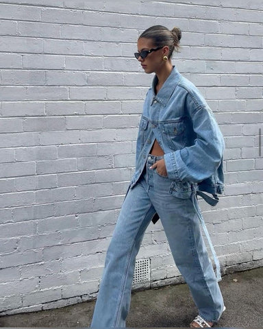 Plaid Long Coat Paired with Denim and Chunky Sneakers