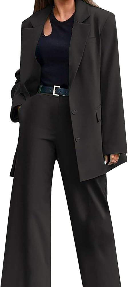 Evening Elegance: Black Blazer with Tailored Wide-Leg Pants