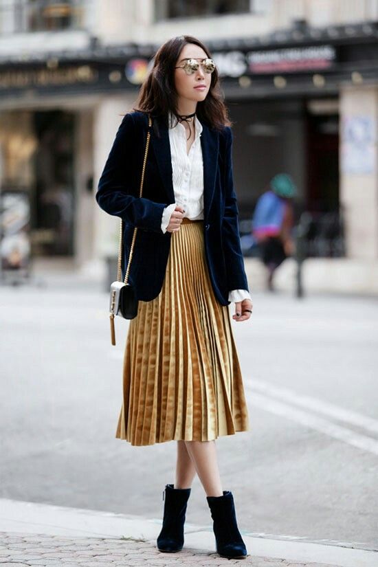 Glamorous Velvet Ankle Boots Paired with Metallic Skirts