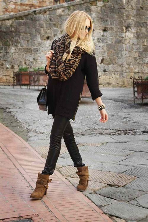 Sleek Black Winter Boots with Leather Leggings and Oversized Scarves