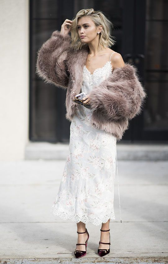 Sleek Satin Slip Dress Paired with Faux Fur Coat