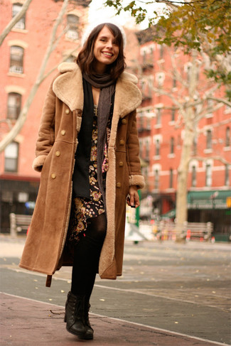 Classic Black Dress with Shearling-Lined Ankle Boots