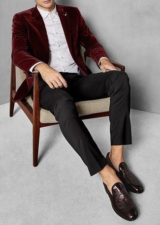 Rich Burgundy Velvet Blazer with Tailored Pants