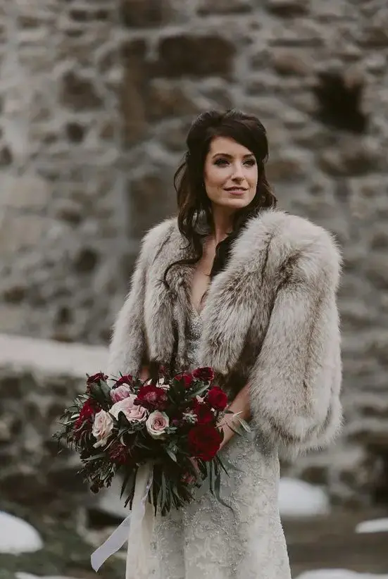 Embellished Evening Dress with Faux Fur Wrap