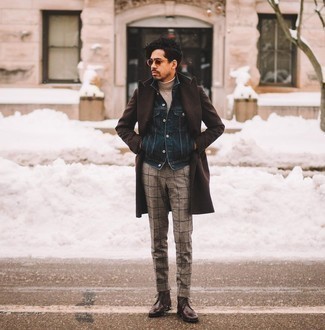 Plaid Trousers and Tucked-In Black Mock Neck